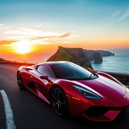 A sleek, modern sports car parked on a scenic coastal road during sunset