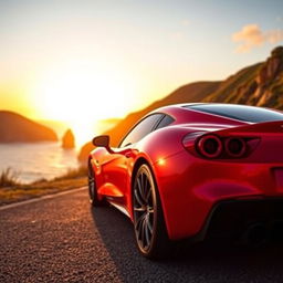 A sleek, modern sports car parked on a scenic coastal road during sunset