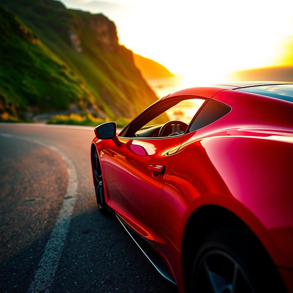 A sleek, modern sports car parked on a scenic coastal road during sunset