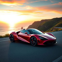 A sleek, modern sports car parked on a scenic coastal road during sunset