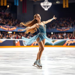 A graceful female ice skater performing on a glimmering ice rink