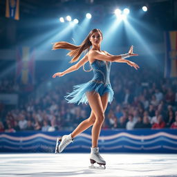A graceful female ice skater performing on a glimmering ice rink