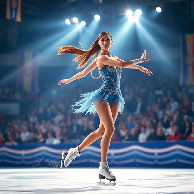 A graceful female ice skater performing on a glimmering ice rink