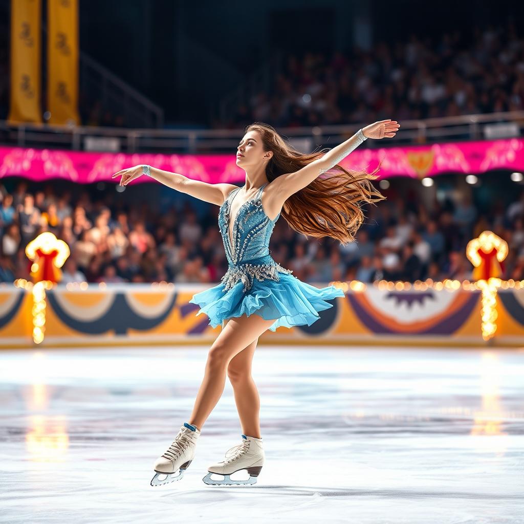 A graceful female ice skater performing on a glimmering ice rink