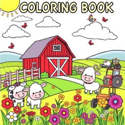 A bright and cheerful illustration designed for a children's coloring book, featuring a lively farm scene with adorable animals such as a happy cow, a playful pig, and fluffy sheep