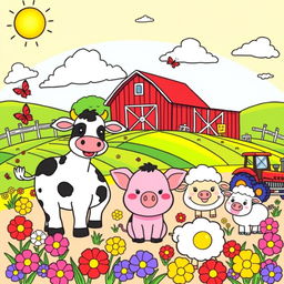 A bright and cheerful illustration designed for a children's coloring book, featuring a lively farm scene with adorable animals such as a happy cow, a playful pig, and fluffy sheep