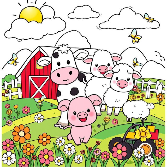 A bright and cheerful illustration designed for a children's coloring book, featuring a lively farm scene with adorable animals such as a happy cow, a playful pig, and fluffy sheep