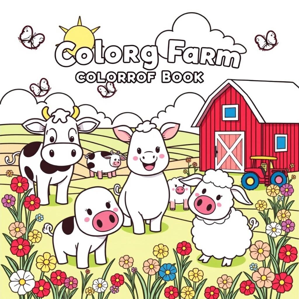 A bright and cheerful illustration designed for a children's coloring book, featuring a lively farm scene with adorable animals such as a happy cow, a playful pig, and fluffy sheep