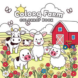 A bright and cheerful illustration designed for a children's coloring book, featuring a lively farm scene with adorable animals such as a happy cow, a playful pig, and fluffy sheep