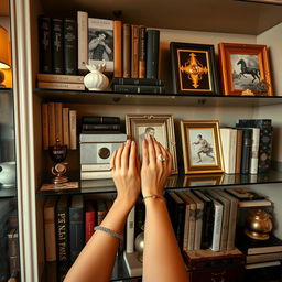 A pair of beautifully manicured hands of a sexy lady delicately arranging and decorating a luxury bookshelf filled with an array of elegant books, decorative objects, and art pieces