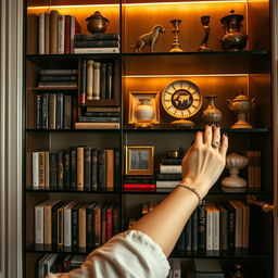 A pair of beautifully manicured hands of a sexy lady delicately arranging and decorating a luxury bookshelf filled with an array of elegant books, decorative objects, and art pieces