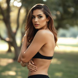 a beautiful woman posing elegantly and gracefully, showcasing her natural curves and confident demeanor, in a serene outdoor setting with soft, diffused sunlight filtering through the trees