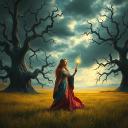 A mystical landscape depicting a powerful wizard named Arya standing in a vast, idyllic field