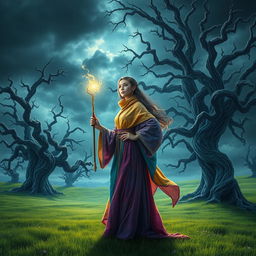 A mystical landscape depicting a powerful wizard named Arya standing in a vast, idyllic field