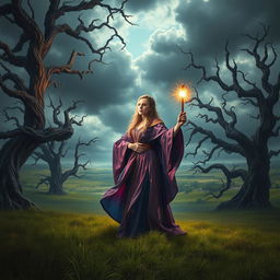 A mystical landscape depicting a powerful wizard named Arya standing in a vast, idyllic field