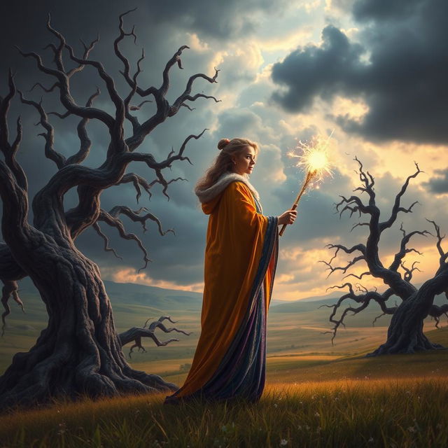 A mystical landscape depicting a powerful wizard named Arya standing in a vast, idyllic field