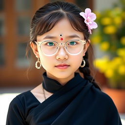 A beautiful Mongolian girl wearing a black saree, showcasing her round-shaped face adorned with a bindi on her forehead