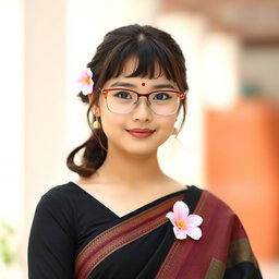 A beautiful Mongolian girl wearing a black saree, showcasing her round-shaped face adorned with a bindi on her forehead