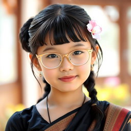 A beautiful Mongolian girl wearing a black saree, showcasing her round-shaped face adorned with a bindi on her forehead