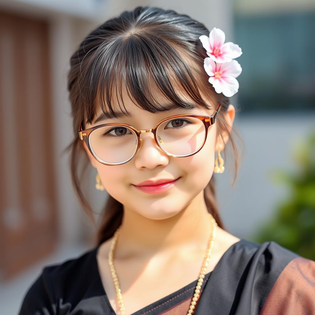 A beautiful Mongolian girl wearing a black saree, showcasing her round-shaped face adorned with a bindi on her forehead