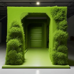 A 6x3.60 meters green podium made of furniture, with the entrance on its longest side, standing at a height of 1.60 meters