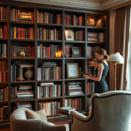 A luxurious bookshelf filled with an array of books, nestled in a cozy room adorned with warm lighting and plush furnishings