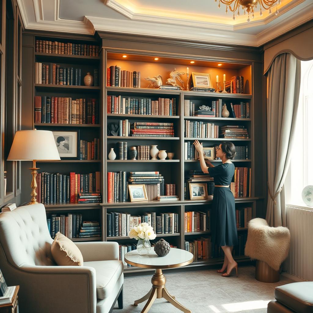 A luxurious bookshelf filled with an array of books, nestled in a cozy room adorned with warm lighting and plush furnishings