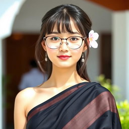 A beautiful 23-year-old Mongolian girl wearing a black saree, showcasing her round-shaped face adorned with a bindi on her forehead