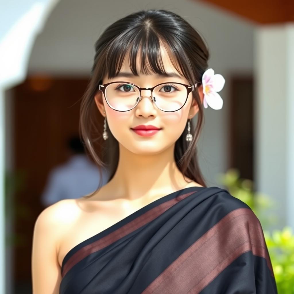 A beautiful 23-year-old Mongolian girl wearing a black saree, showcasing her round-shaped face adorned with a bindi on her forehead
