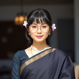 A beautiful 23-year-old Mongolian girl wearing a black saree, showcasing her round-shaped face adorned with a bindi on her forehead