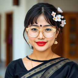 A beautiful 23-year-old Mongolian girl wearing a black saree, showcasing her round-shaped face adorned with a bindi on her forehead