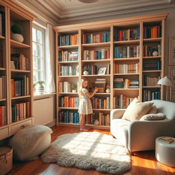 A luxurious bookshelf in a cozy room filled with various colorful books and decorative items