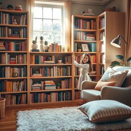 A luxurious bookshelf in a cozy room filled with various colorful books and decorative items