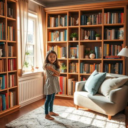 A luxurious bookshelf in a cozy room filled with various colorful books and decorative items