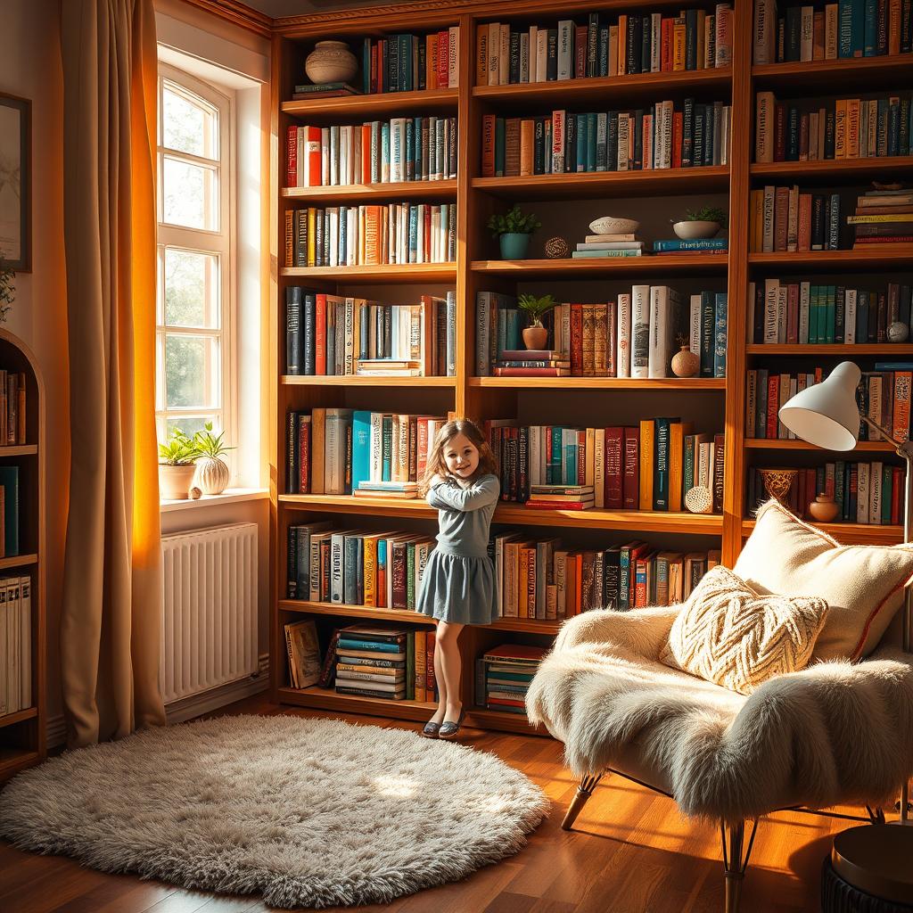 A luxurious bookshelf in a cozy room filled with various colorful books and decorative items