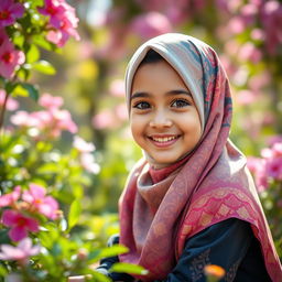 A cute girl wearing a colorful hijab, with a warm and inviting smile, sitting in a vibrant floral garden