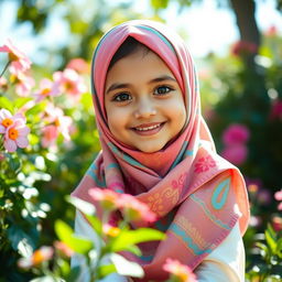 A cute girl wearing a colorful hijab, with a warm and inviting smile, sitting in a vibrant floral garden