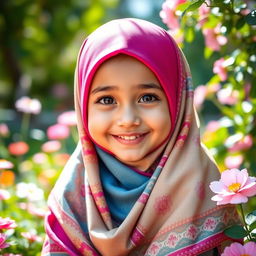 A cute girl wearing a colorful hijab, with a warm and inviting smile, sitting in a vibrant floral garden