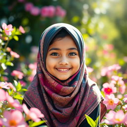 A cute girl wearing a colorful hijab, with a warm and inviting smile, sitting in a vibrant floral garden