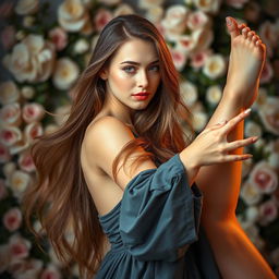 A beautiful Russian girl with long flowing hair, posed in an elegant way