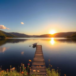 A serene landscape showcasing a tranquil lake surrounded by lush green hills under a bright blue sky