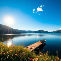 A serene landscape showcasing a tranquil lake surrounded by lush green hills under a bright blue sky