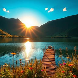 A serene landscape showcasing a tranquil lake surrounded by lush green hills under a bright blue sky