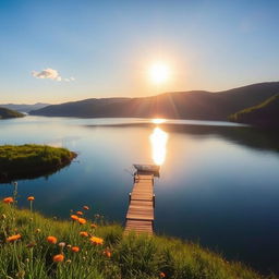 A serene landscape showcasing a tranquil lake surrounded by lush green hills under a bright blue sky