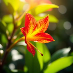 A beautiful close-up of a vibrant, exotic flower with intricate petal details, surrounded by lush green leaves