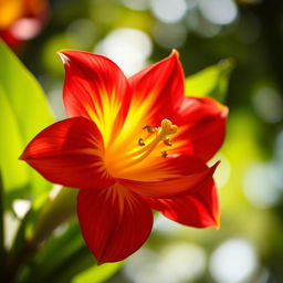A beautiful close-up of a vibrant, exotic flower with intricate petal details, surrounded by lush green leaves