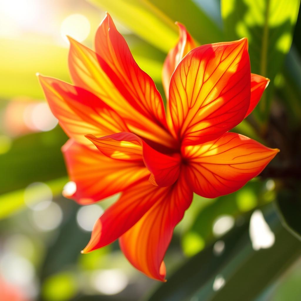 A beautiful close-up of a vibrant, exotic flower with intricate petal details, surrounded by lush green leaves