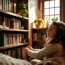 A close-up view of a luxury bookshelf filled with beautifully bound books in a cozy and inviting room