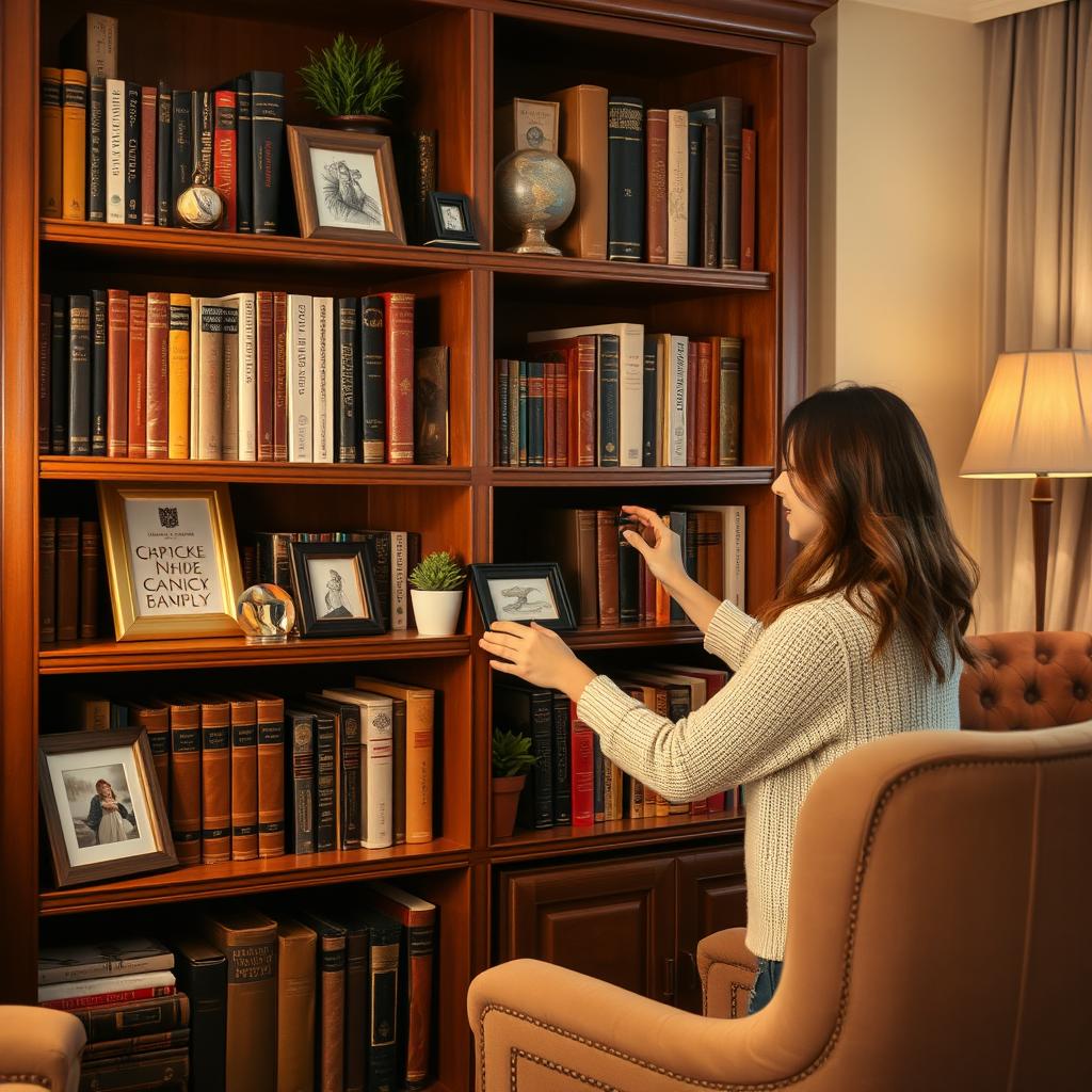 A cozy room featuring a luxurious bookshelf filled with various elegantly bound books and decorative items
