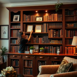 A cozy room featuring a luxurious bookshelf filled with various elegantly bound books and decorative items